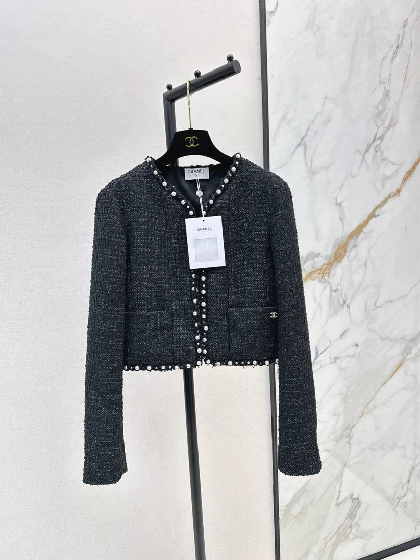 Pearl-Embellished Tweed-Style Blazer Jacket