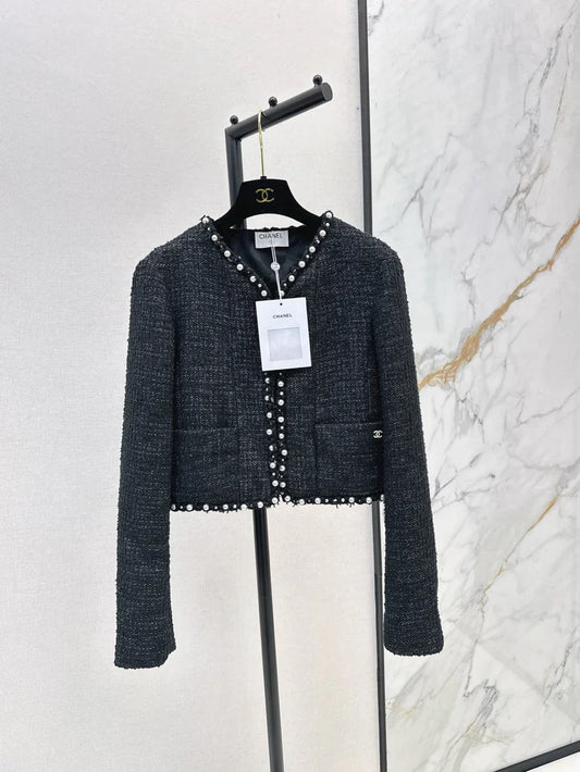 Pearl-Embellished Tweed-Style Blazer Jacket