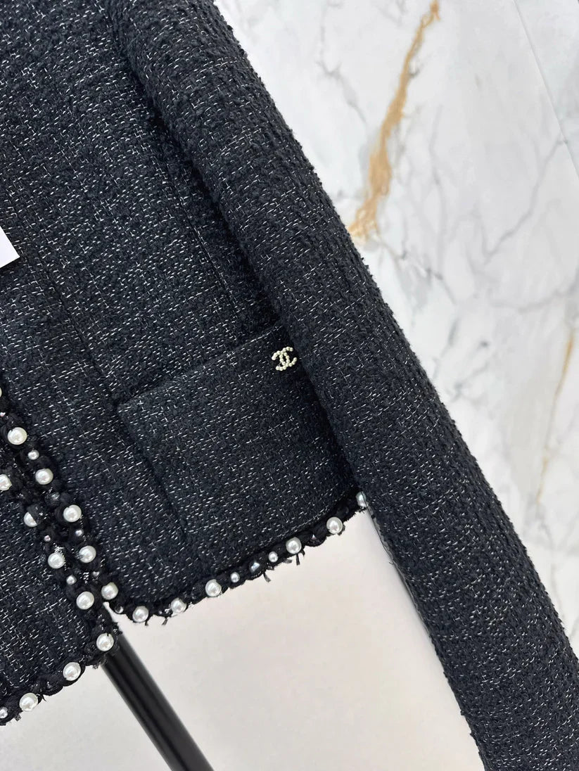 Pearl-Embellished Tweed-Style Blazer Jacket