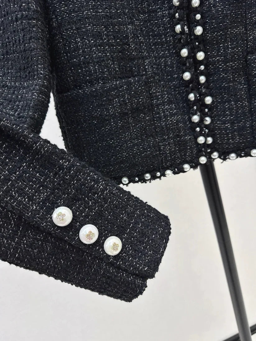 Pearl-Embellished Tweed-Style Blazer Jacket