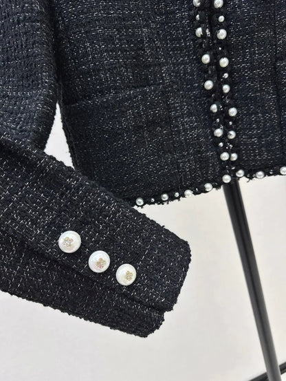 Pearl-Embellished Tweed-Style Blazer Jacket