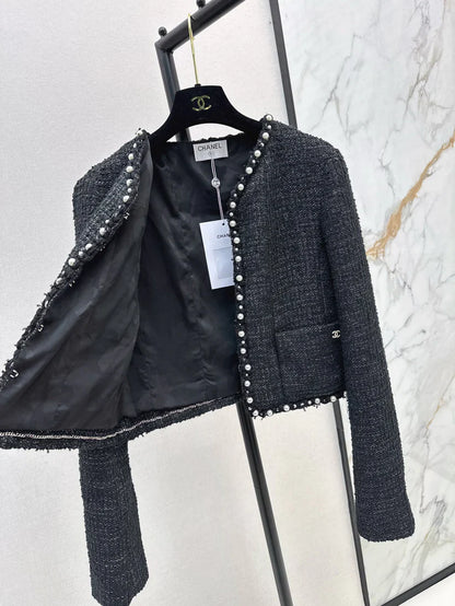Pearl-Embellished Tweed-Style Blazer Jacket