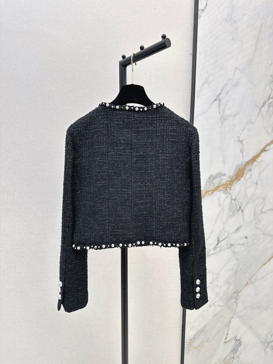 Pearl-Embellished Tweed-Style Blazer Jacket