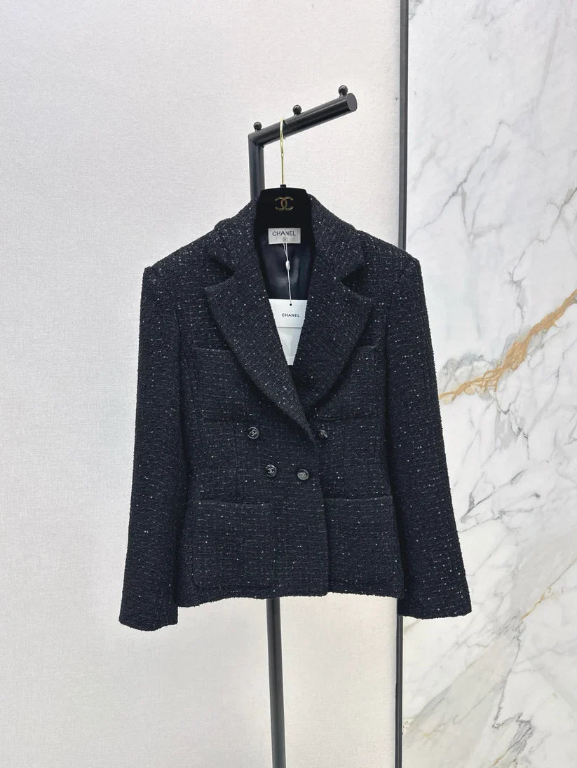 Elegant Tweed-Style Black Blazer Jacket
