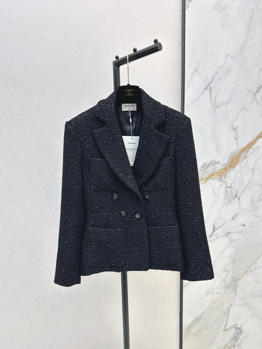Elegant Tweed-Style Black Blazer Jacket