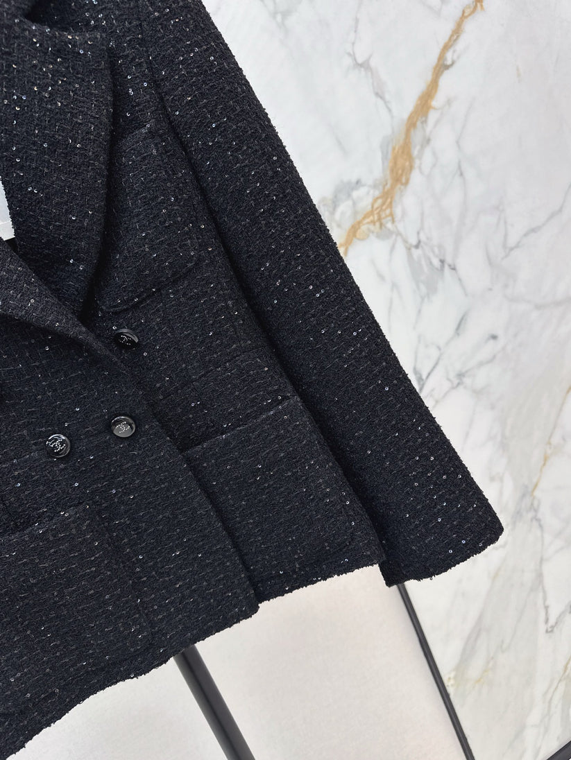 Elegant Tweed-Style Black Blazer Jacket