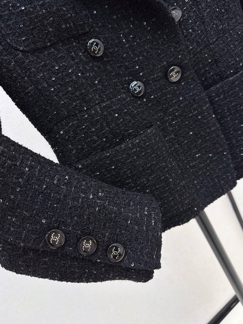 Elegant Tweed-Style Black Blazer Jacket