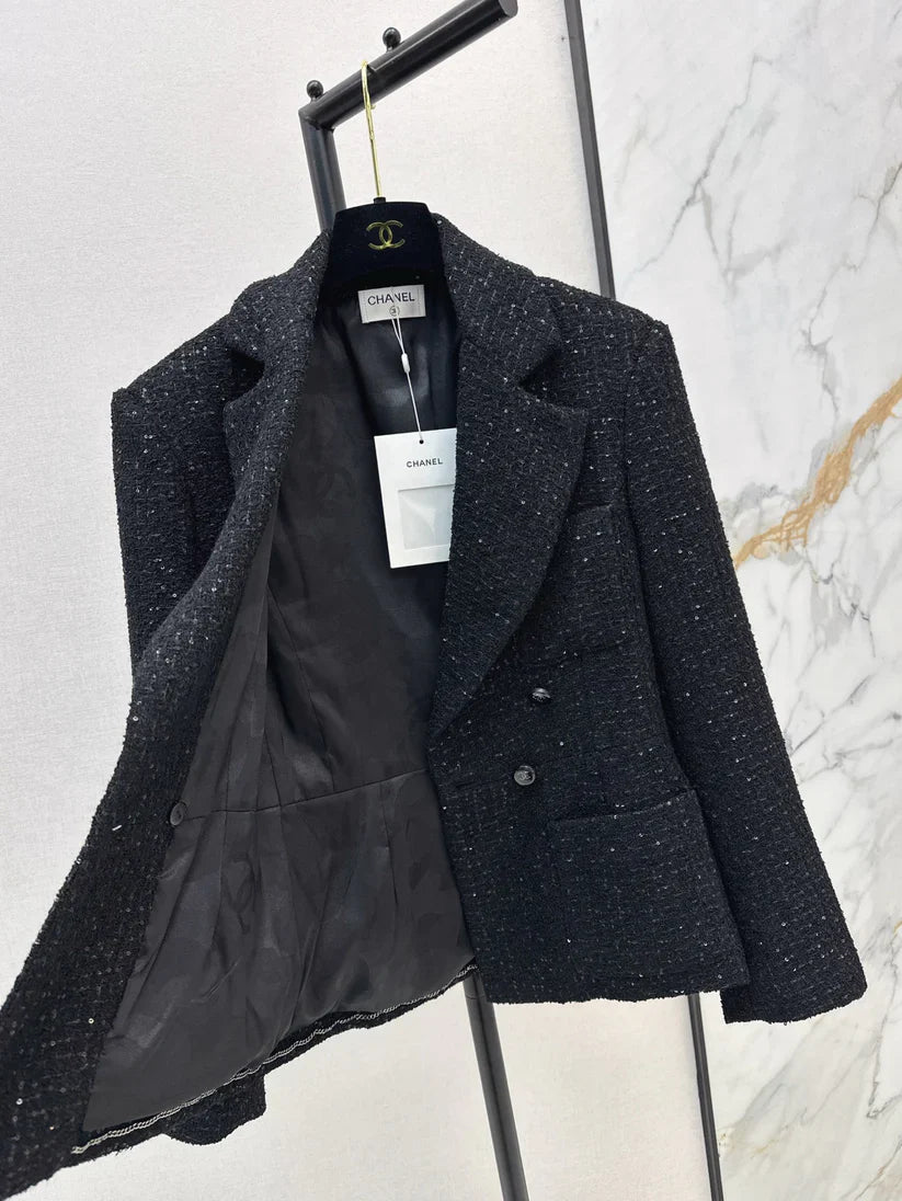 Elegant Tweed-Style Black Blazer Jacket