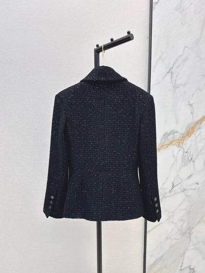 Elegant Tweed-Style Black Blazer Jacket