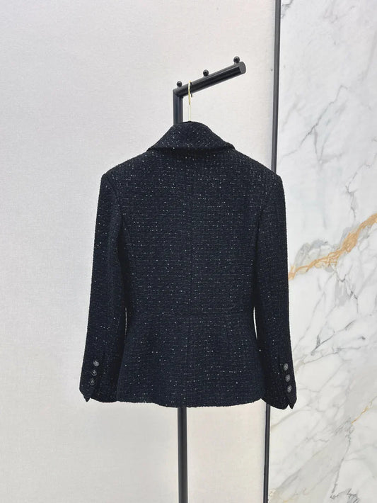 Elegant Tweed-Style Black Blazer Jacket