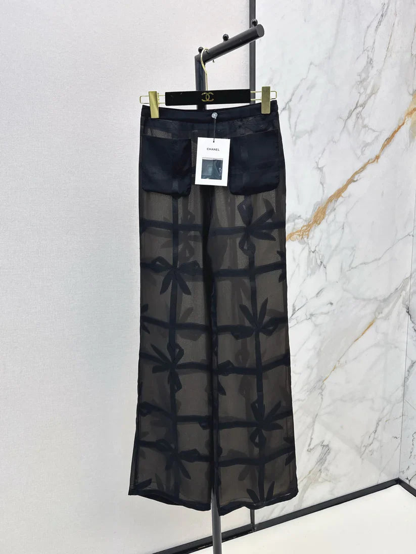 Silk Wide-Leg Pants with Bow Tie