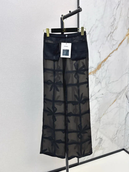 Silk Wide-Leg Pants with Bow Tie