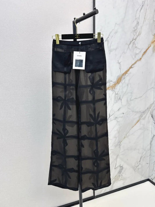 Silk Wide-Leg Pants with Bow Tie