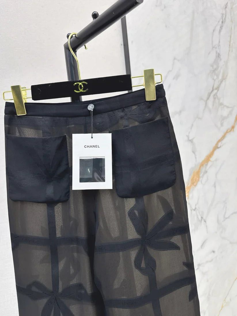Silk Wide-Leg Pants with Bow Tie