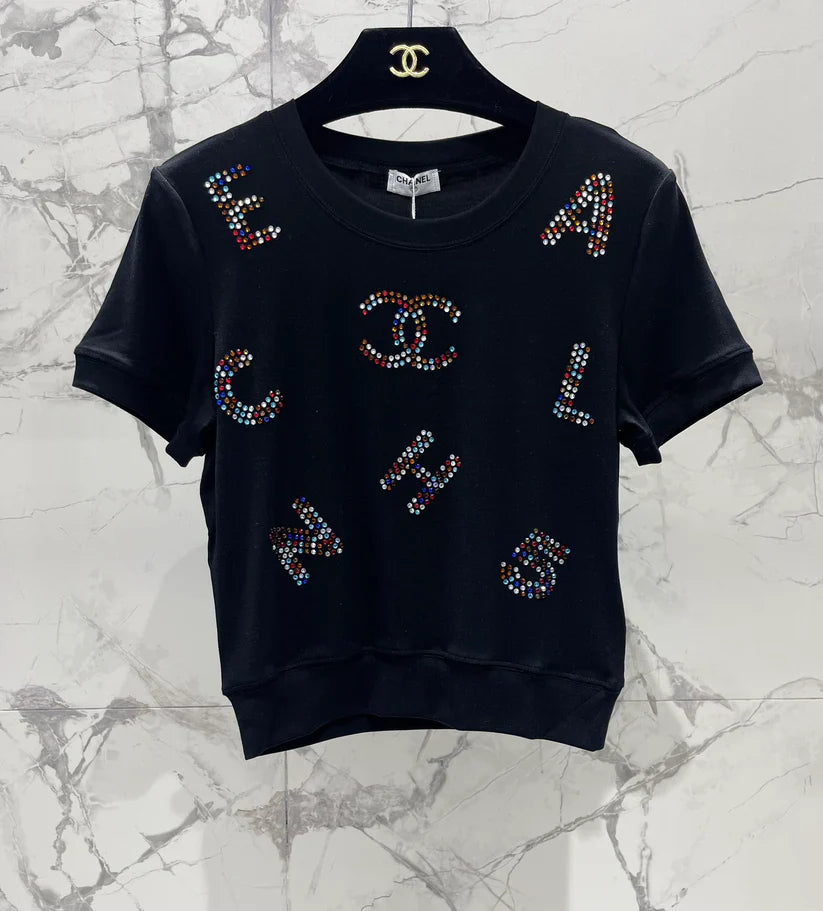 Colorful Rhinestone Letter T-Shirt