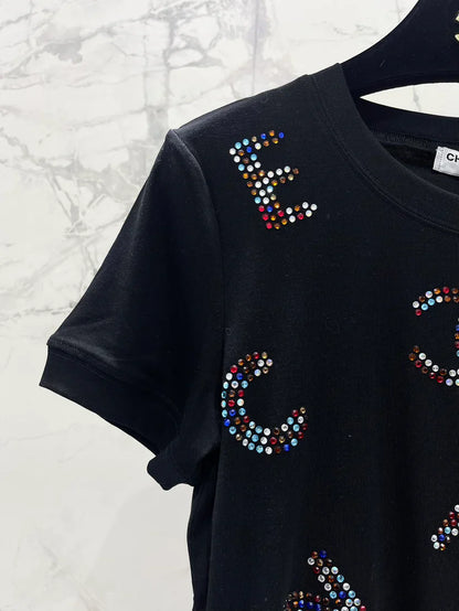 Colorful Rhinestone Letter T-Shirt