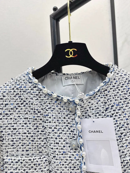 Pearl-Embellished Cropped Tweed Jacket