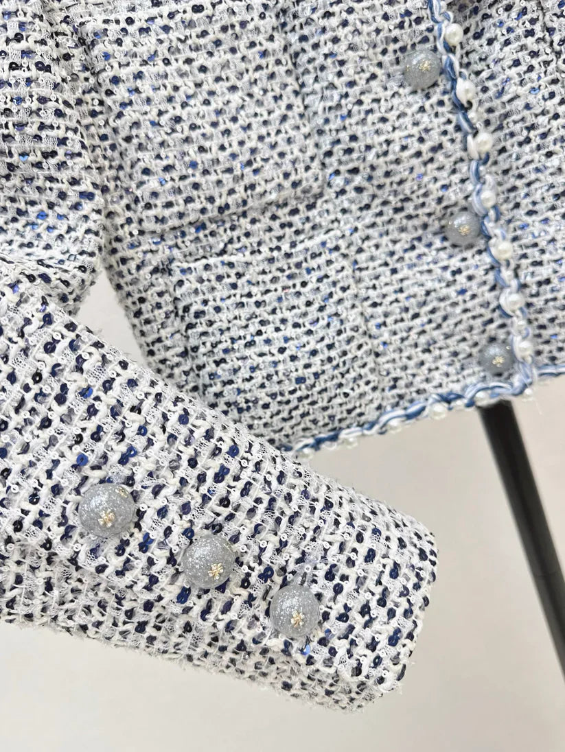 Pearl-Embellished Cropped Tweed Jacket