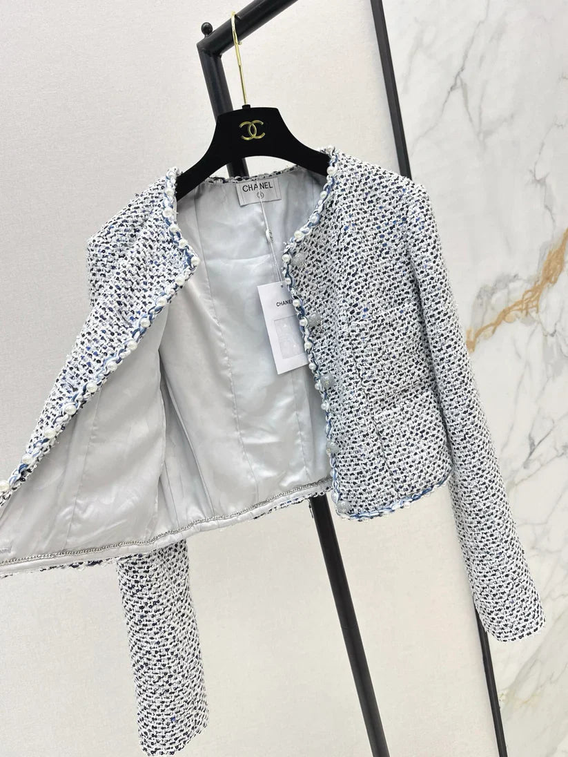 Pearl-Embellished Cropped Tweed Jacket