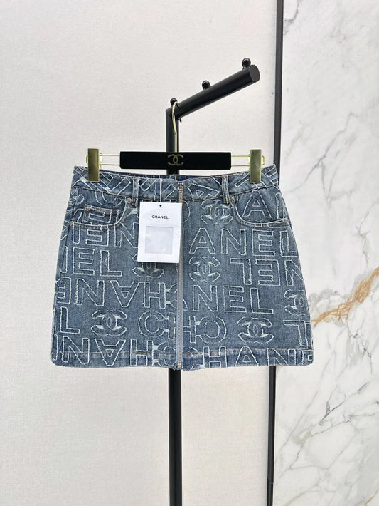 Chic Monogram A-Line Denim Skirt
