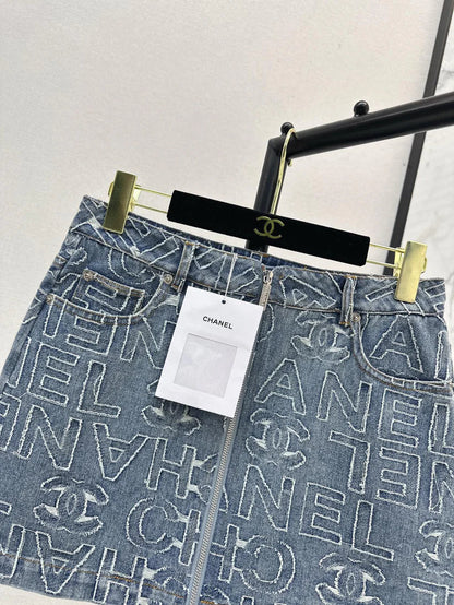 Chic Monogram A-Line Denim Skirt