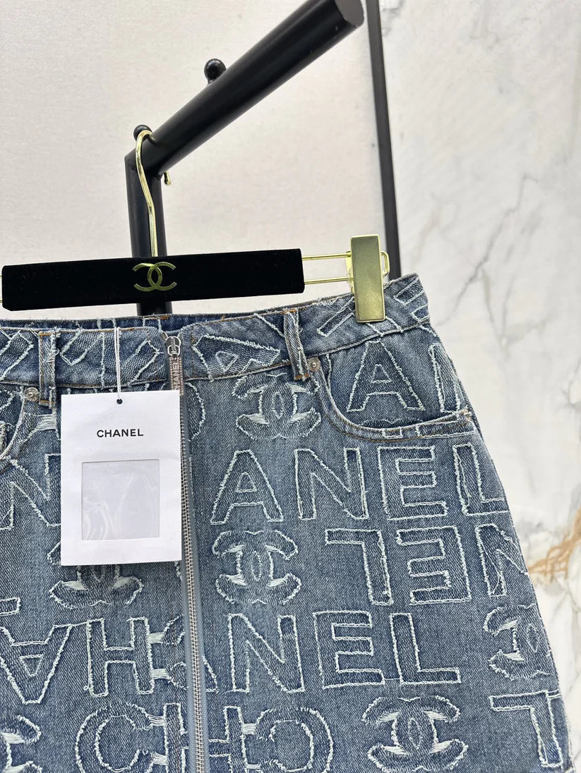 Chic Monogram A-Line Denim Skirt