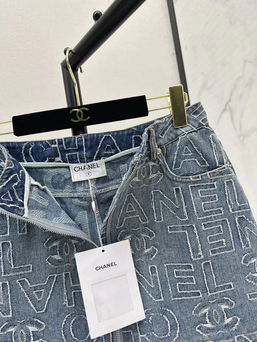 Chic Monogram A-Line Denim Skirt