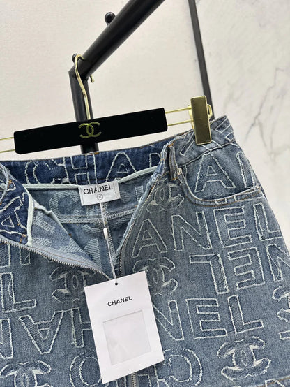 Chic Monogram A-Line Denim Skirt