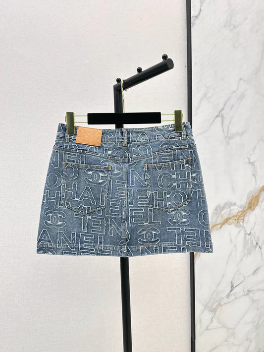 Chic Monogram A-Line Denim Skirt