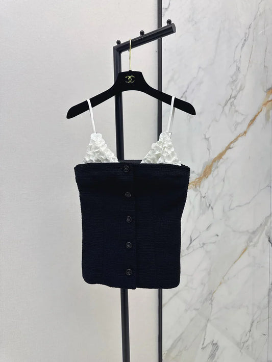 White floral top with black suspenders Vest