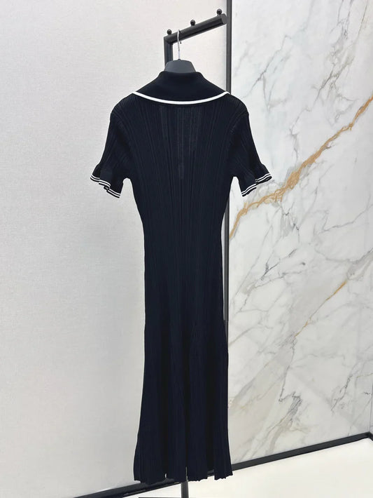 Chic Gold Button Ribbed Knit Dress