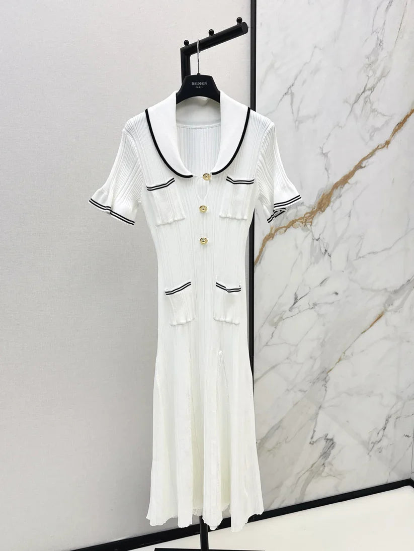 Chic Gold Button Ribbed Knit Dress
