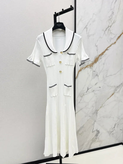 Chic Gold Button Ribbed Knit Dress