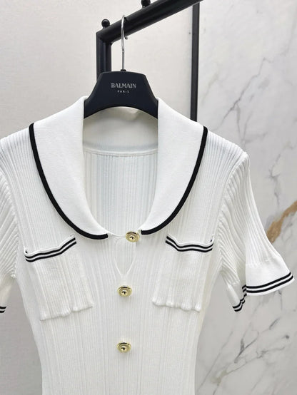 Chic Gold Button Ribbed Knit Dress