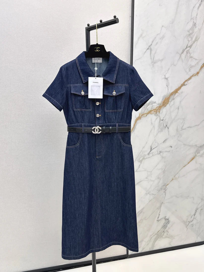 Back Pocket Embroidered Denim Midi Dress