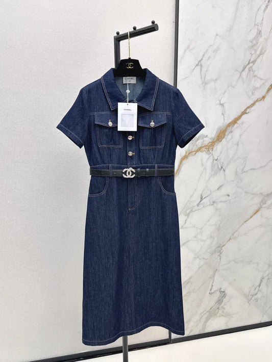 Back Pocket Embroidered Denim Midi Dress
