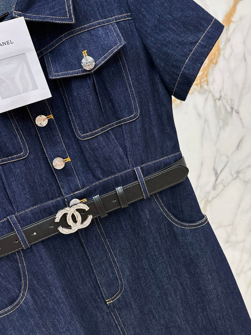 Back Pocket Embroidered Denim Midi Dress