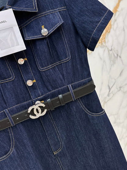 Back Pocket Embroidered Denim Midi Dress