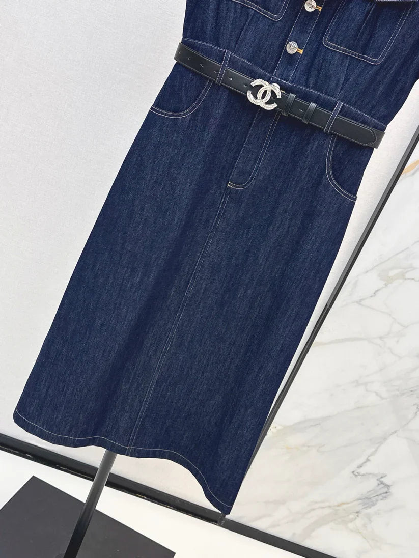 Back Pocket Embroidered Denim Midi Dress