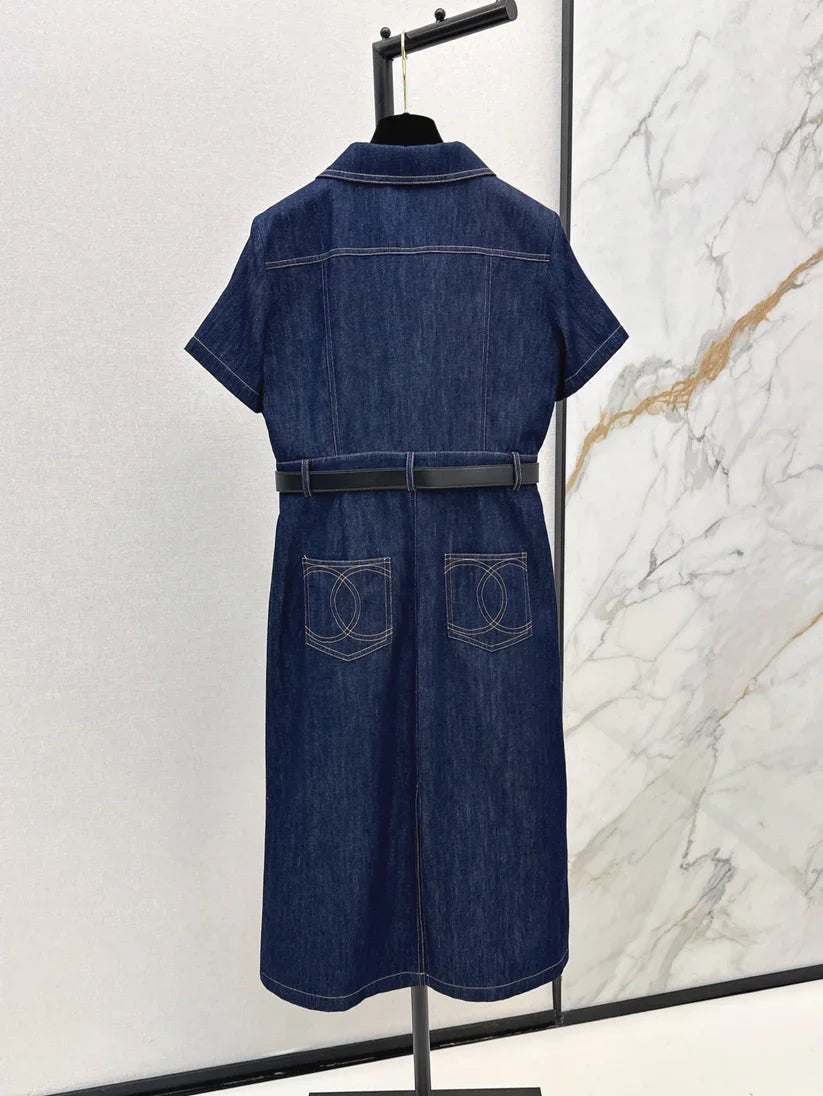 Back Pocket Embroidered Denim Midi Dress