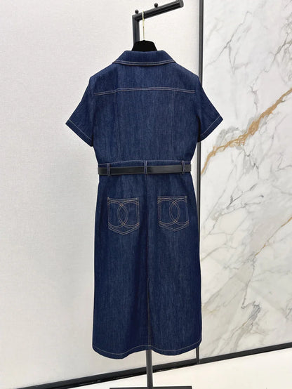 Back Pocket Embroidered Denim Midi Dress