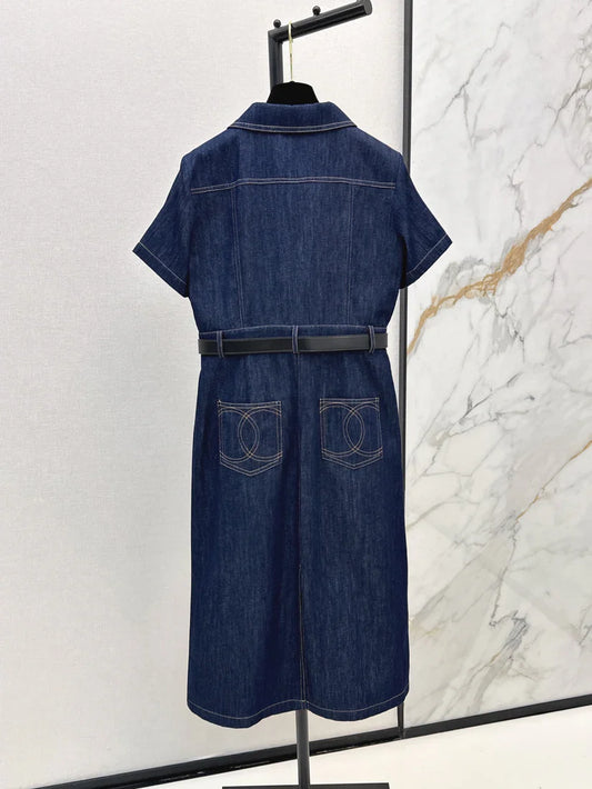 Back Pocket Embroidered Denim Midi Dress