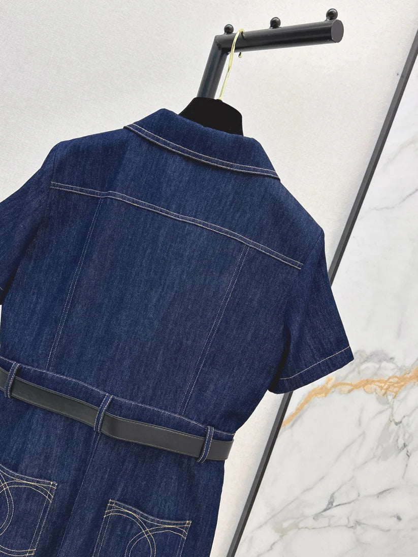 Back Pocket Embroidered Denim Midi Dress