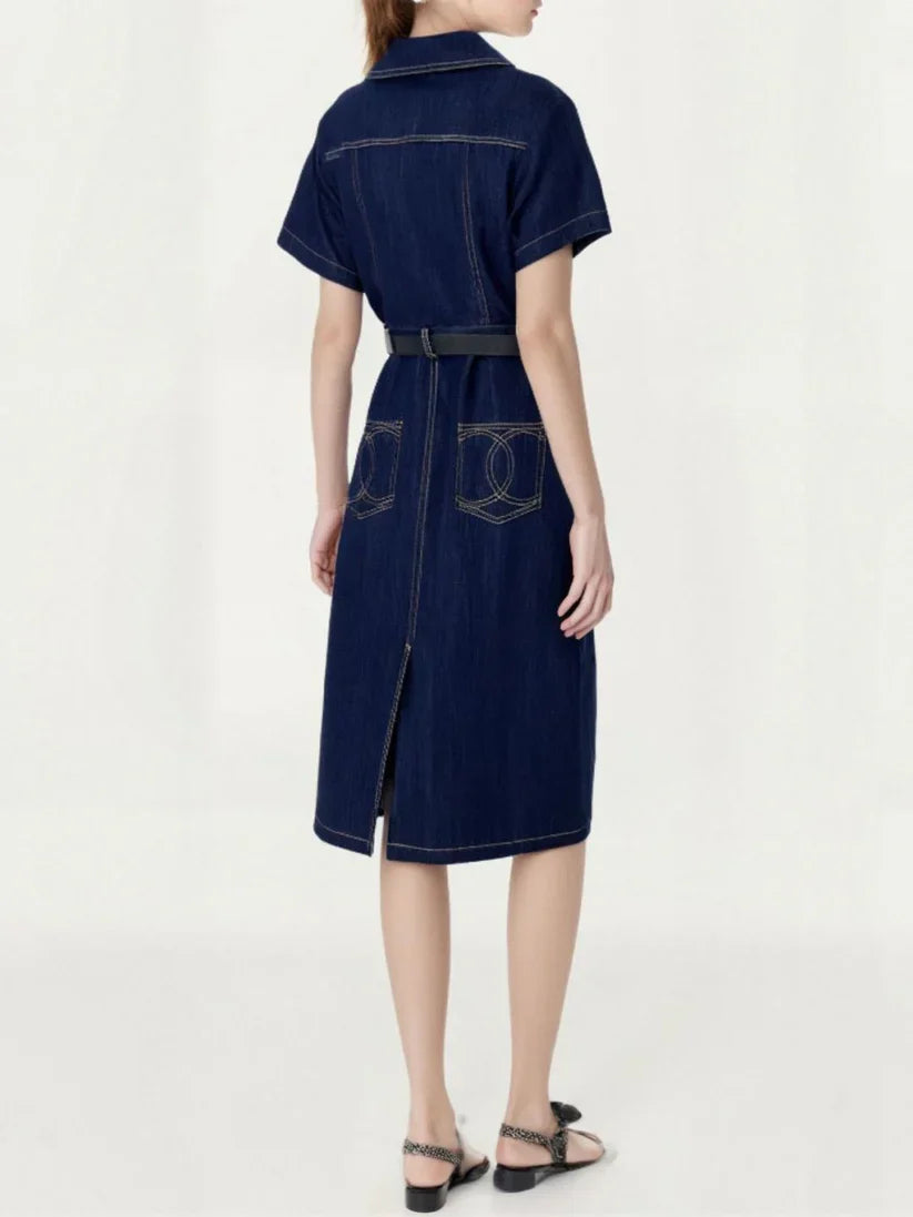 Back Pocket Embroidered Denim Midi Dress