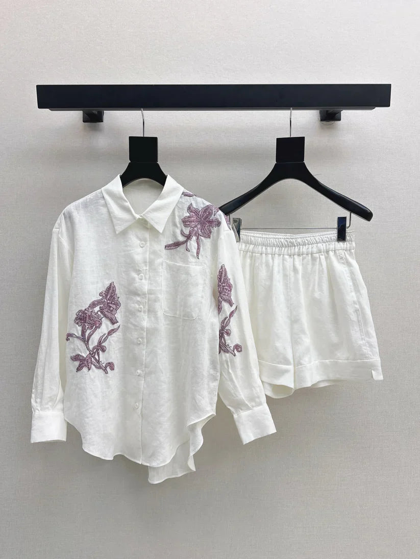 tylish Embroidered Floral Pattern Shirt and Bottoms Set