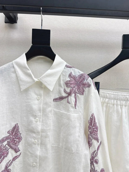tylish Embroidered Floral Pattern Shirt and Bottoms Set