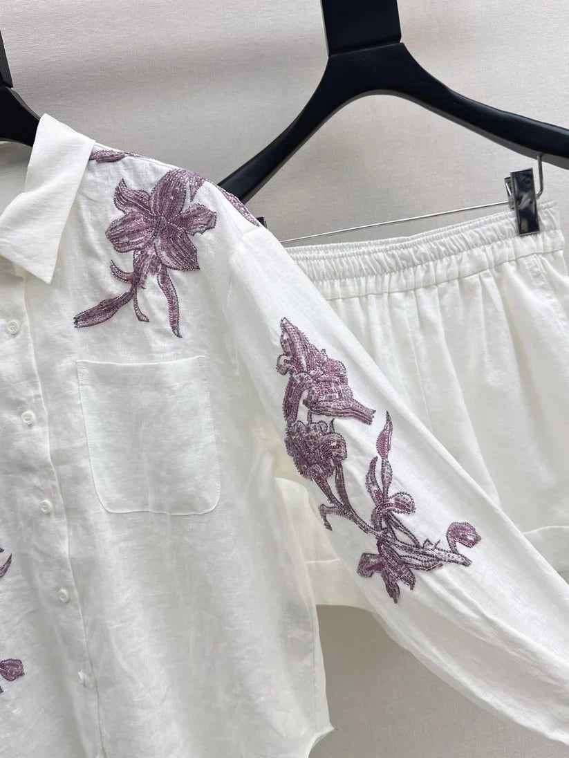 tylish Embroidered Floral Pattern Shirt and Bottoms Set
