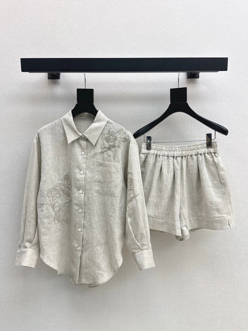 tylish Embroidered Floral Pattern Shirt and Bottoms Set