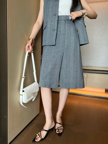Premium Gray Striped Blazer Skirt