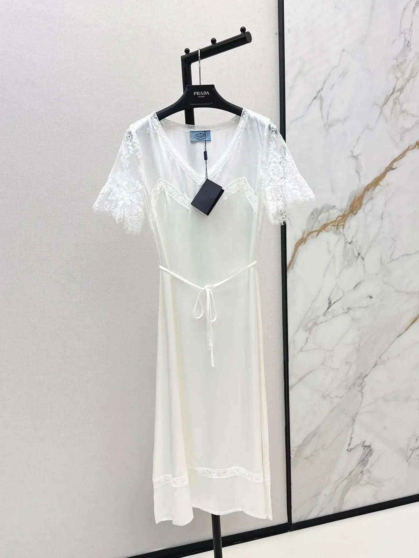 Lace-Trimmed Satin-Finish Short Sleeve Dress